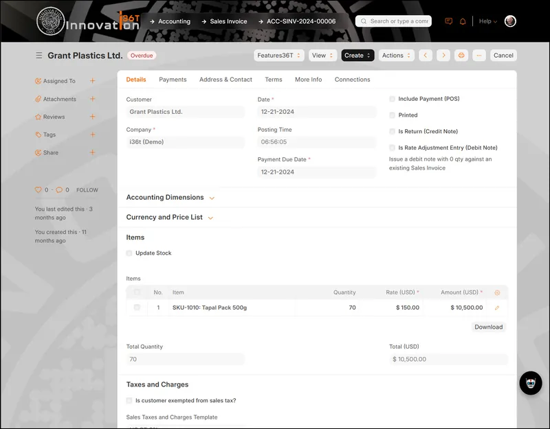 ERP36T Accounting: Sales invoice form with customer, items and totals