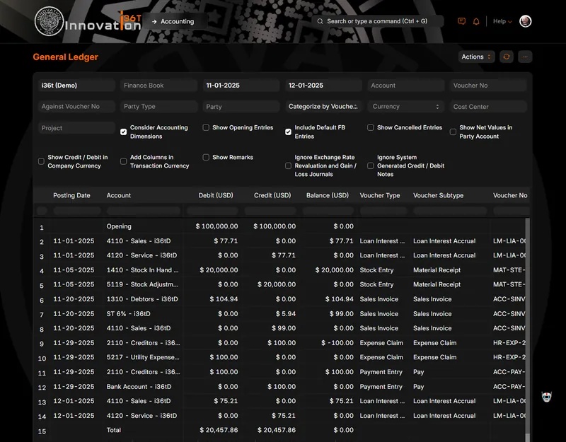 ERP36T Accounting: General ledger report with debit, credit and balance