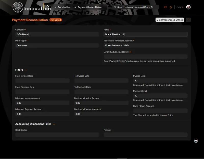 ERP36T Accounting: Payment reconciliation form with invoice and payment filters