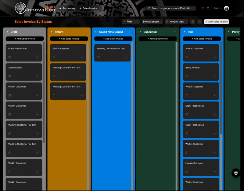 ERP36T Accounting: Sales invoice Kanban board grouped by status