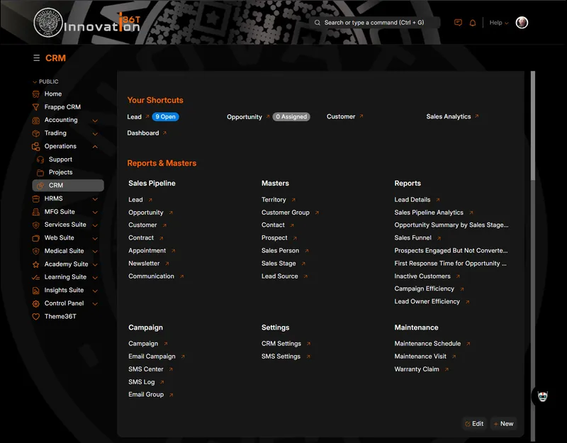 ERP36T CRM: Workspace with sales pipeline, masters and report shortcuts