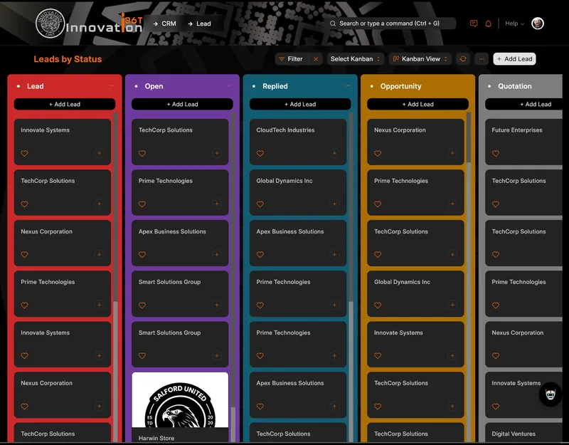 ERP36T CRM: Leads by status Kanban board with colored columns