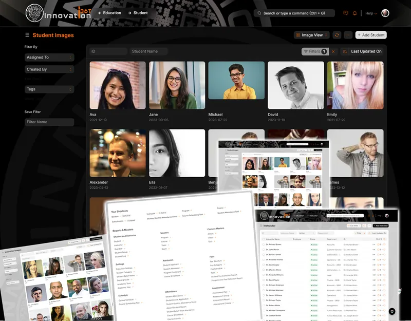 ERP36T Education & Learning Management: Student and instructor directories with workspace menu