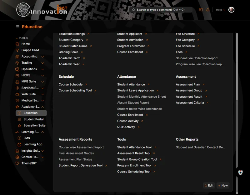 ERP36T Education & Learning Management: Assessment reports, attendance and tools menu