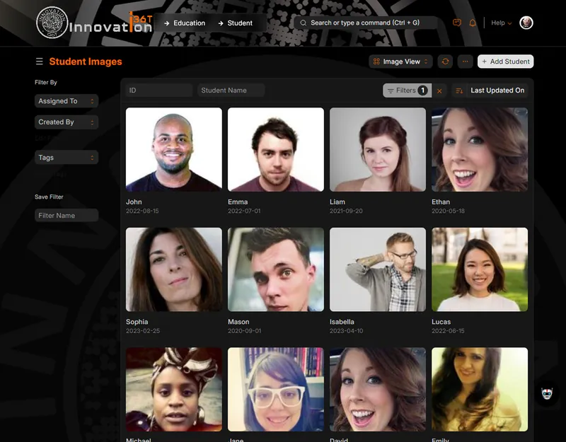ERP36T Education & Learning Management: Student image gallery with ID and name filters
