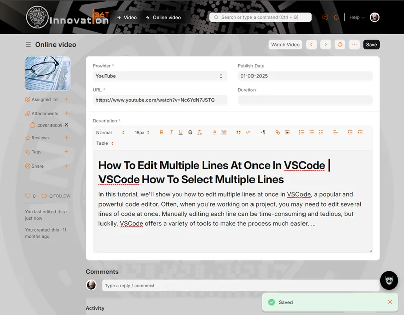 ERP36T Education & Learning Management: Online video lesson record with YouTube link