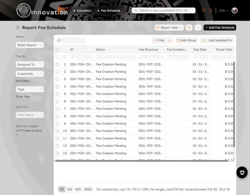 ERP36T Education & Learning Management: Fee schedule report with status and due dates