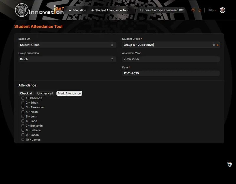 ERP36T Education & Learning Management: Student attendance tool for a student group