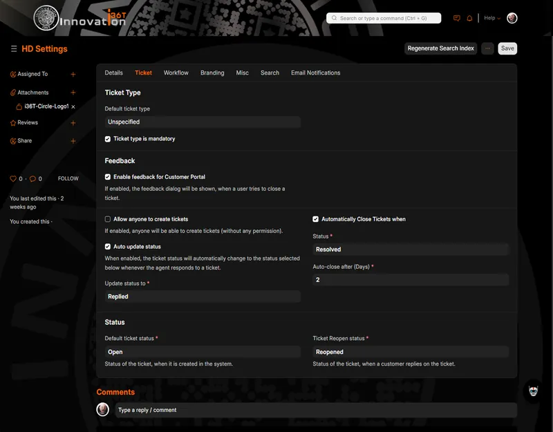 ERP36T Helpdesk: Ticket settings for type, feedback and status