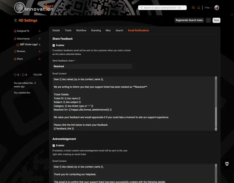 ERP36T Helpdesk: Email notification templates for feedback and acknowledgement