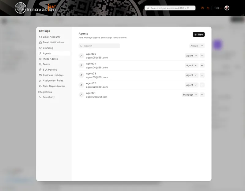 ERP36T Helpdesk: Agent list with assigned roles in settings