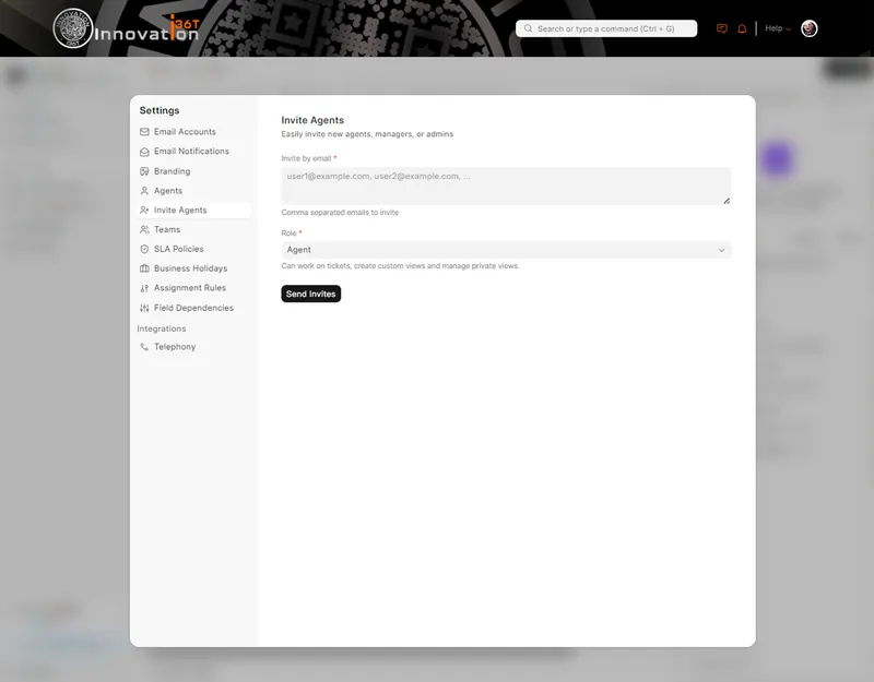 ERP36T Helpdesk: Invite agents form with email and role