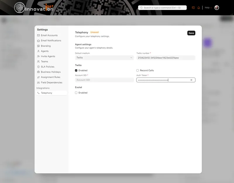 ERP36T Helpdesk: Telephony settings with Twilio and Exotel options