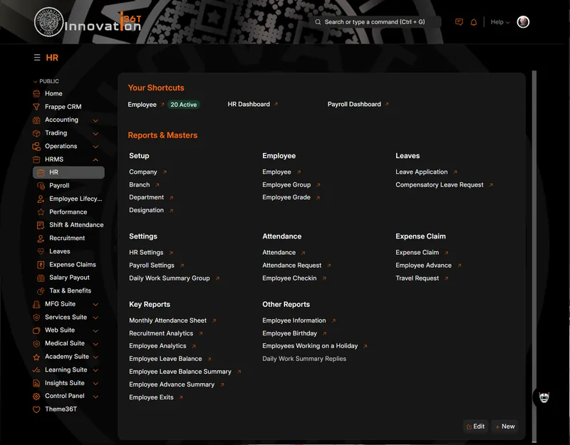 ERP36T HRMS & Payroll: HR workspace with shortcuts and reports