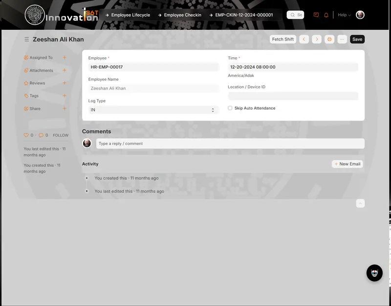 ERP36T HRMS & Payroll: Employee check-in record with log type