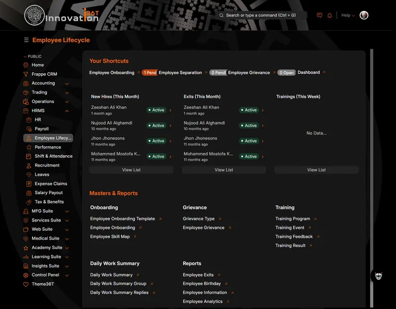 ERP36T HRMS & Payroll: Employee lifecycle workspace with new hires and exits