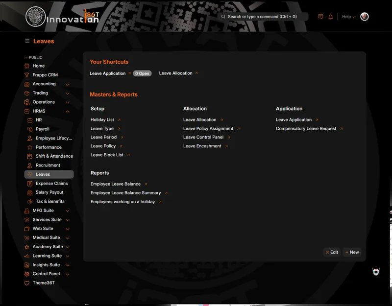 ERP36T HRMS & Payroll: Leaves workspace with leave setup and reports