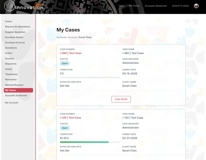 ERP36T Immigration Case Management: Client portal case list with status and progress
