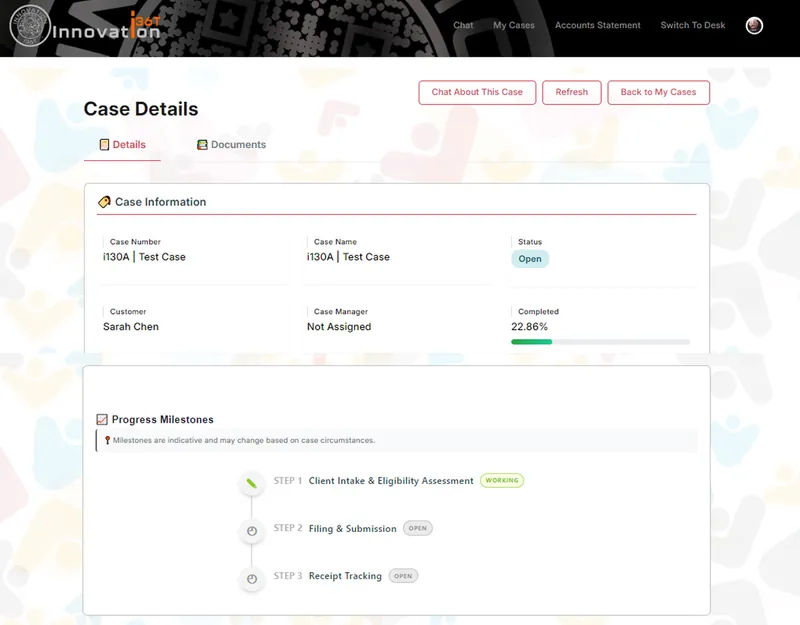 ERP36T Immigration Case Management: Client portal case details with progress milestones