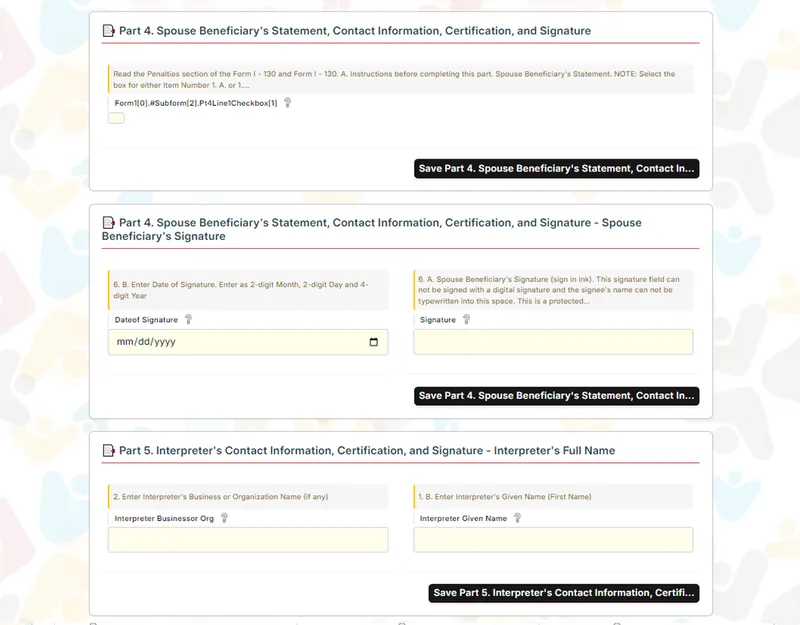 ERP36T Immigration Case Management: Form parts 4 and 5 signature and interpreter fields