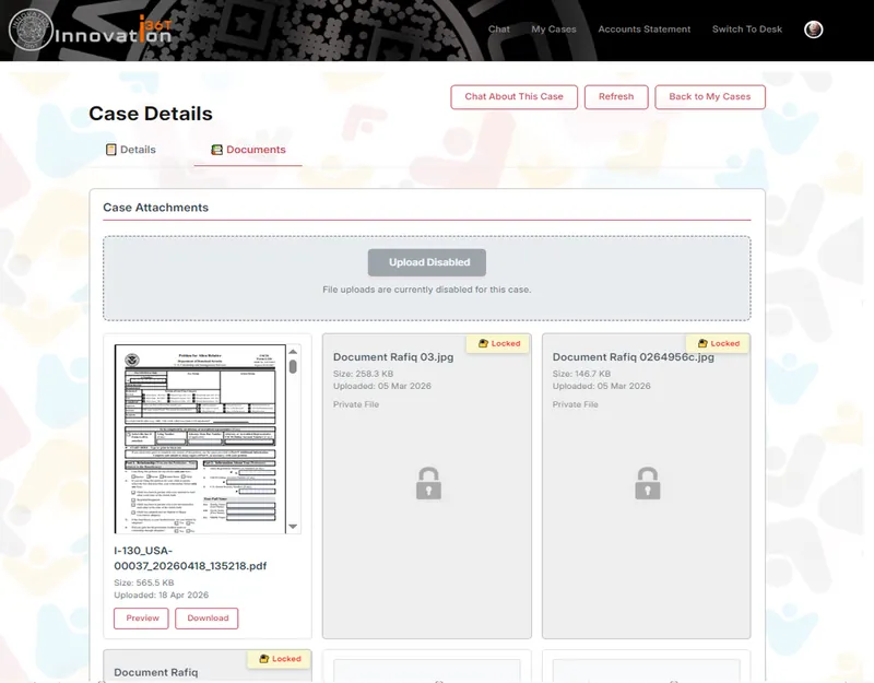 ERP36T Immigration Case Management: Client portal case documents with locked attachments