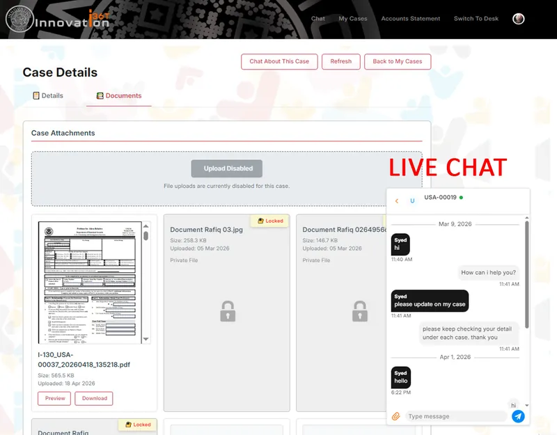 ERP36T Immigration Case Management: Client portal case documents with live chat panel