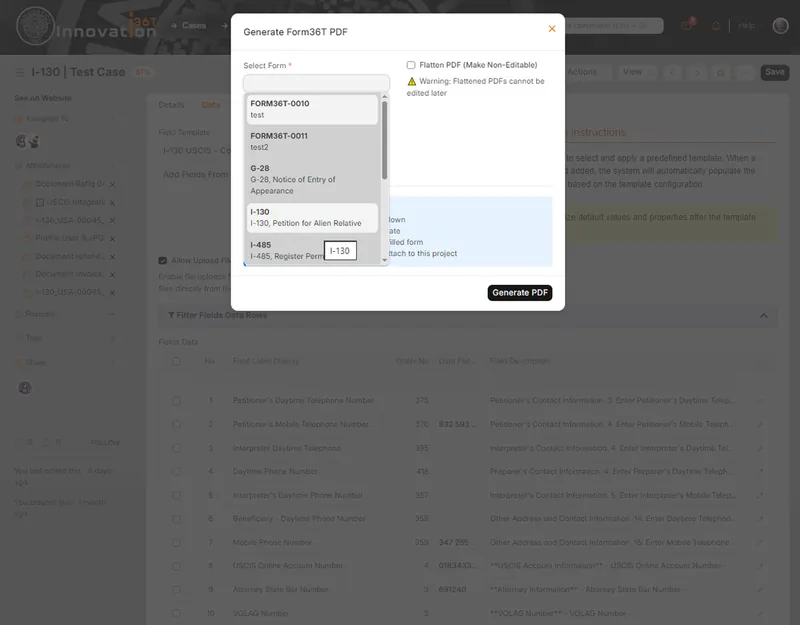 ERP36T Immigration Case Management: Generate Form36T PDF dialog with form selection list