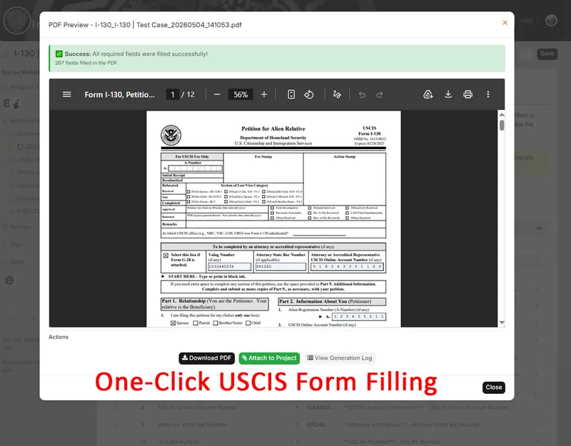 ERP36T Immigration Case Management: Filled Form I-130 PDF preview with download actions
