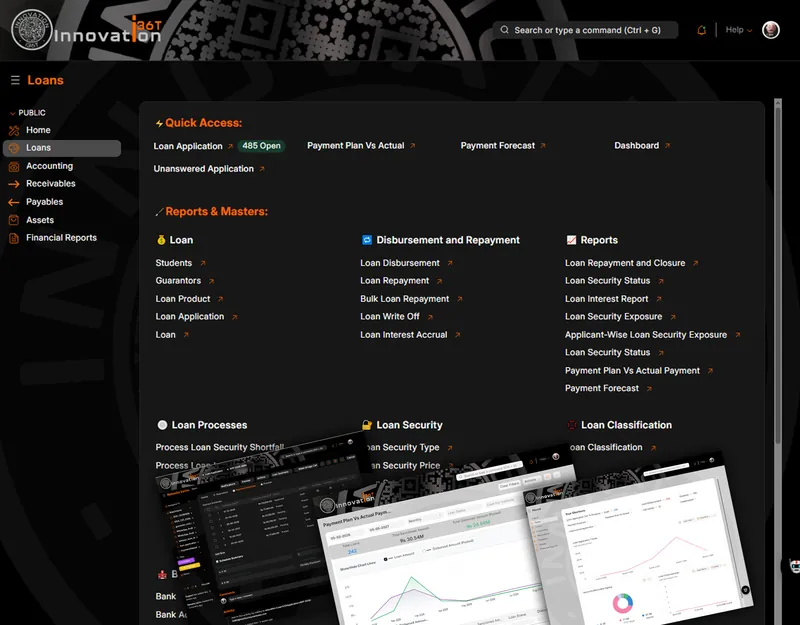 ERP36T Loan Management: Workspace with quick access links and loan report screens