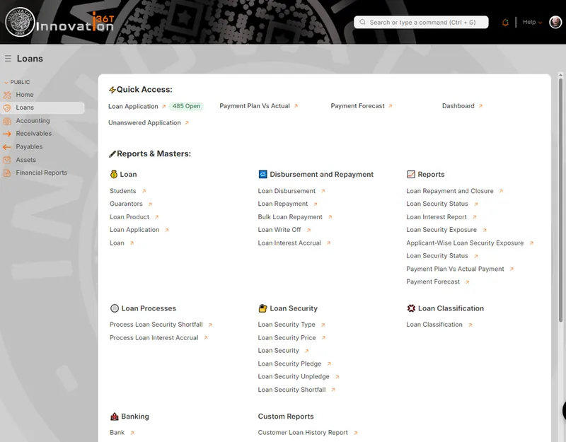 ERP36T Loan Management: Workspace with quick access, reports and masters links