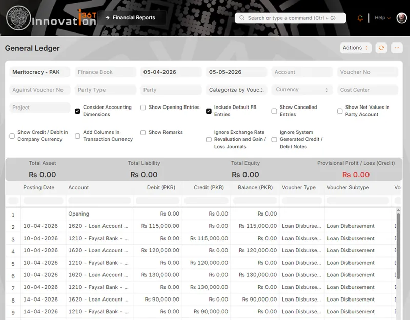 ERP36T Loan Management: General ledger report with loan disbursement entries