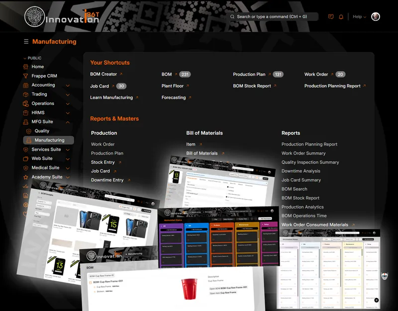 ERP36T Manufacturing: Manufacturing workspace with BOM and workstation screens