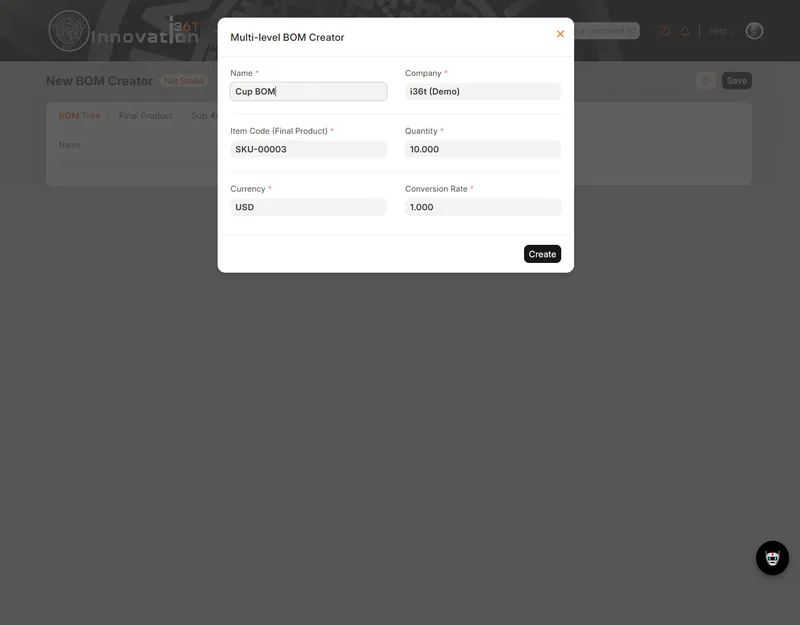 ERP36T Manufacturing: Multi-level BOM creator dialog