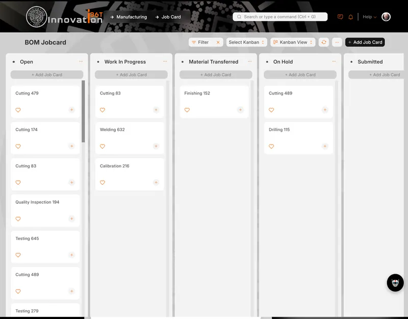 ERP36T Manufacturing: BOM job card Kanban board by status