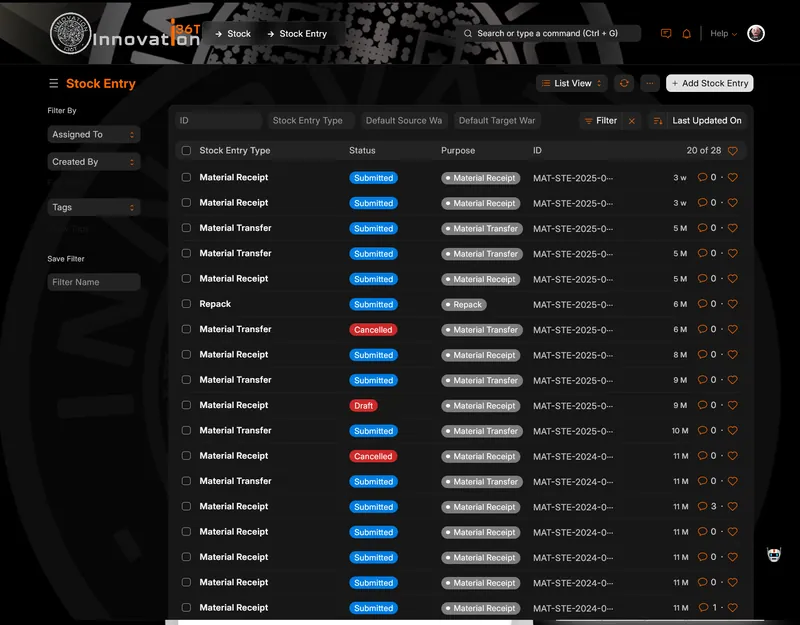 ERP36T Manufacturing: Stock entry list by type and status
