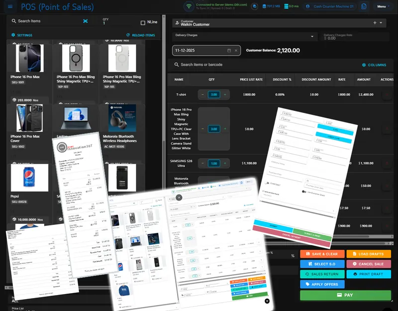 ERP36T Point of Sale: Checkout screen with printed receipts and payment panel