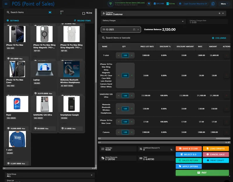 ERP36T Point of Sale: Checkout screen with product grid and cart