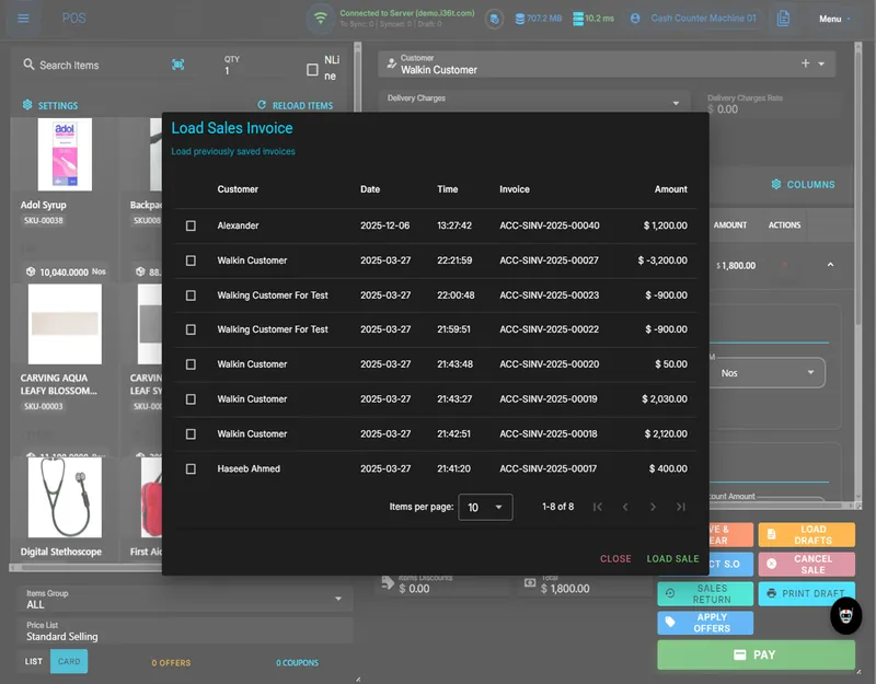 ERP36T Point of Sale: Load sales invoice dialog with saved invoices