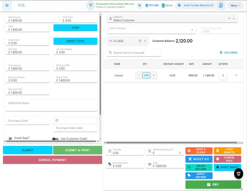 ERP36T Point of Sale: Payment panel with cash and credit card options