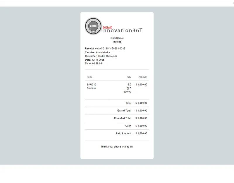 ERP36T Point of Sale: Printed sales receipt with items and totals