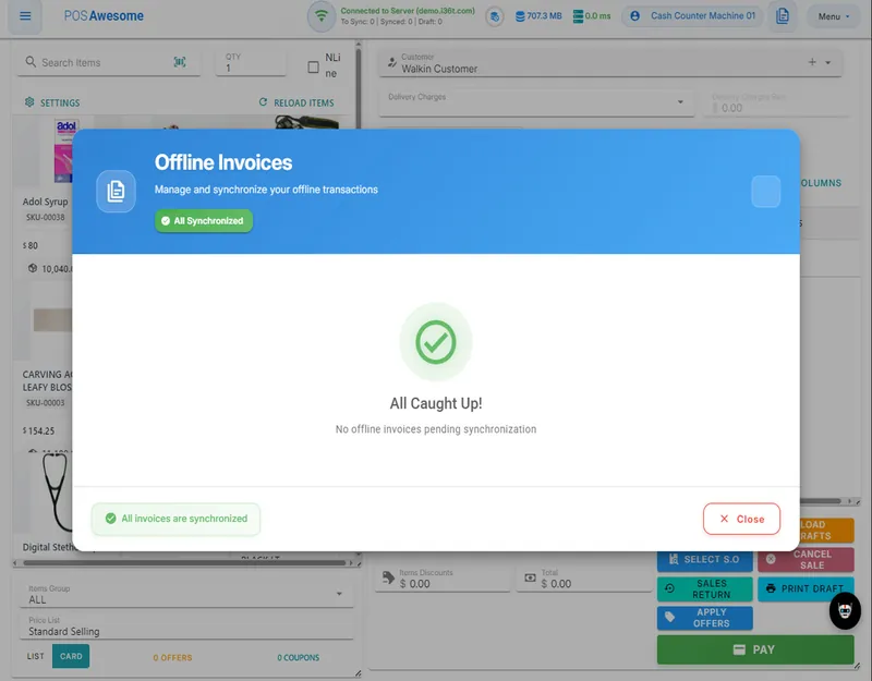 ERP36T Point of Sale: Offline invoices sync status dialog