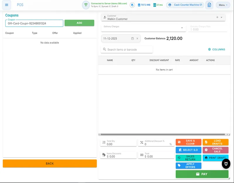ERP36T Point of Sale: Coupon entry panel with empty cart