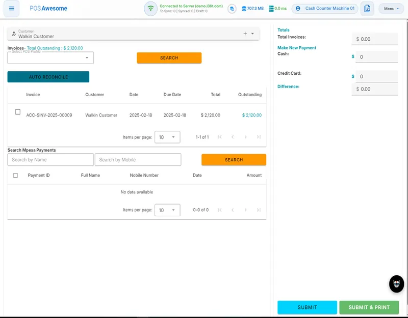 ERP36T Point of Sale: Customer payments screen with outstanding invoices