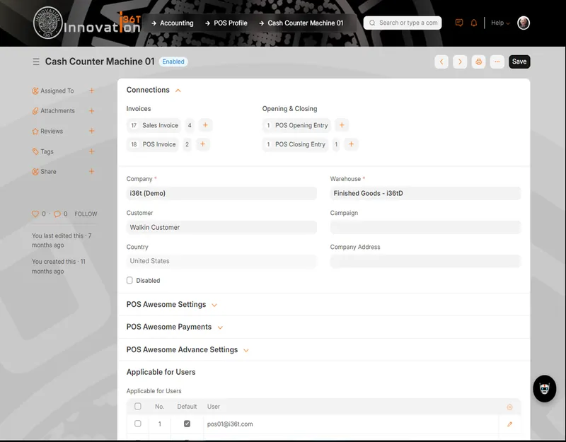 ERP36T Point of Sale: Cash counter profile with invoice connections and warehouse