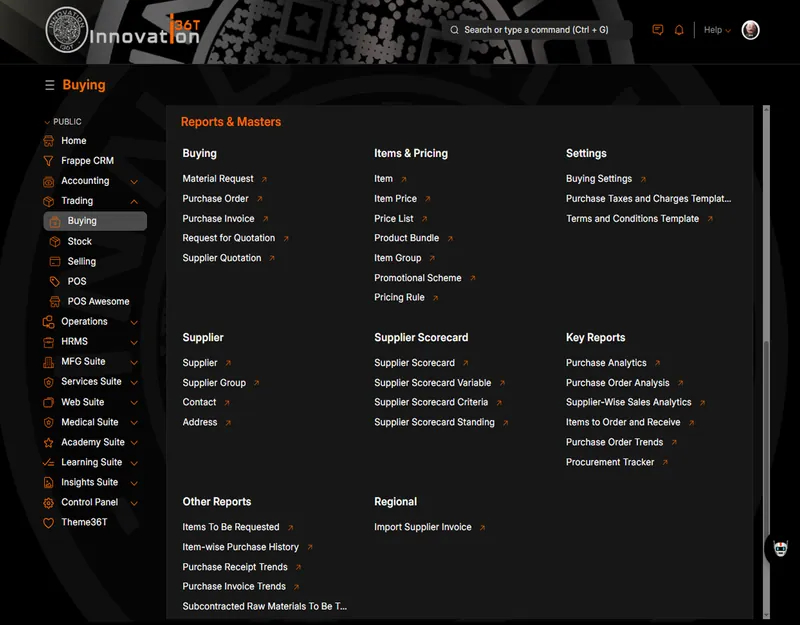 ERP36T Point of Sale: Buying workspace with reports and masters
