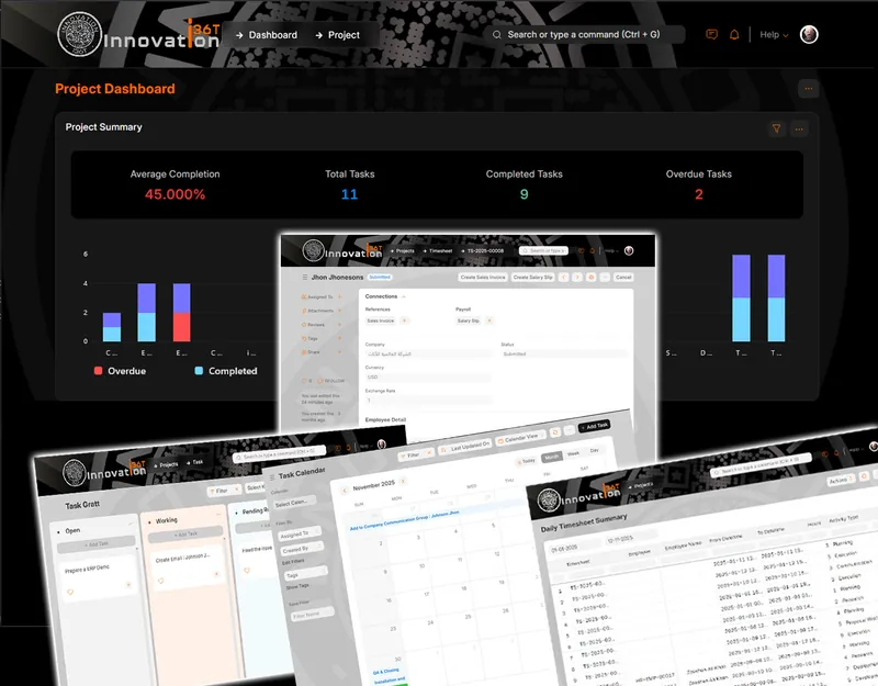 ERP36T Project Management: Dashboard summary with task board, calendar and timesheets