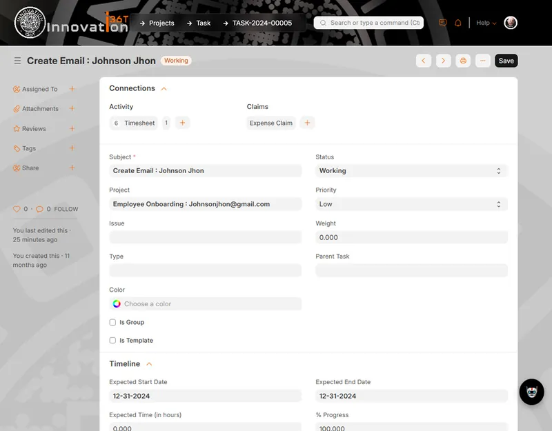 ERP36T Project Management: Task form with status, priority and timeline fields