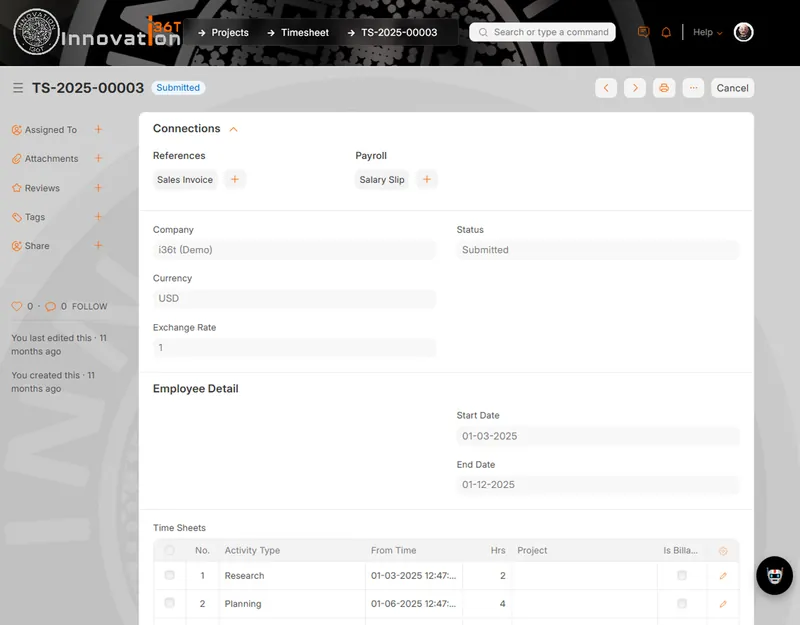 ERP36T Project Management: Submitted timesheet with activity types and hours