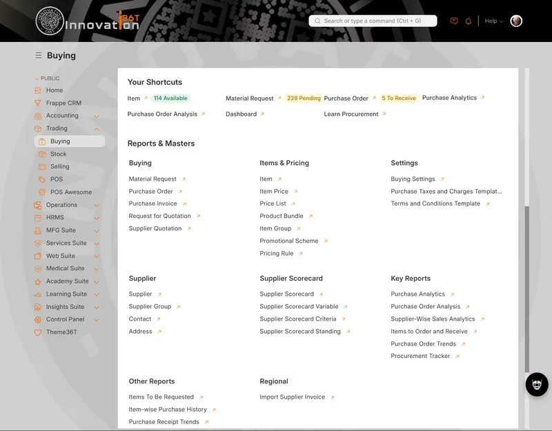 ERP36T Sales & Retail: Buying workspace with shortcuts, reports and supplier scorecard