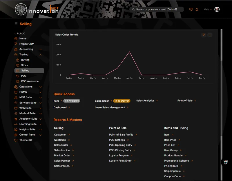 ERP36T Sales & Retail: Selling workspace with sales order trends and quick access